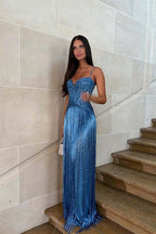 Cocoslly Spaghetti Straps Sleeveless High Waist Long Prom Dress With Tassel And Rhinstone | Champage Chiffon WQ0759