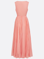 Orange Hollow Out Pleated Chiffon Crew Neck Sleeveless A-Line Maxi Dress