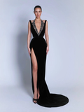 Halter V-Neck Wide Shoulder Straps Sleeveless Long Mermaid Prom Dress With Beadings And Split YK0734