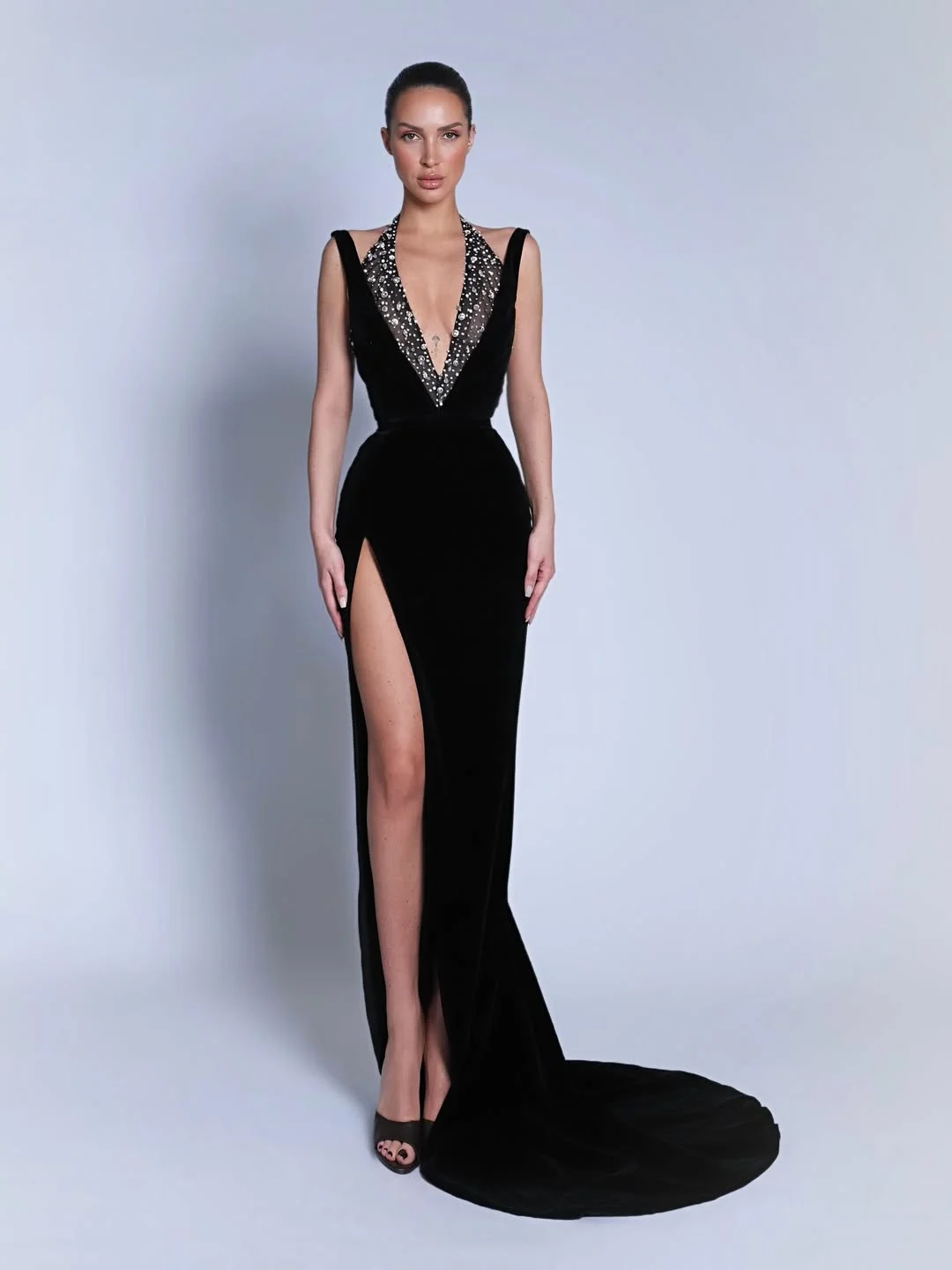 Halter V-Neck Wide Shoulder Straps Sleeveless Long Mermaid Prom Dress With Beadings And Split YK0734