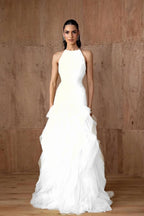 Cocoslly Halter Sleeveless High Waist Long Prom Dress With Ruffles | Daffodil Tulle YC0478
