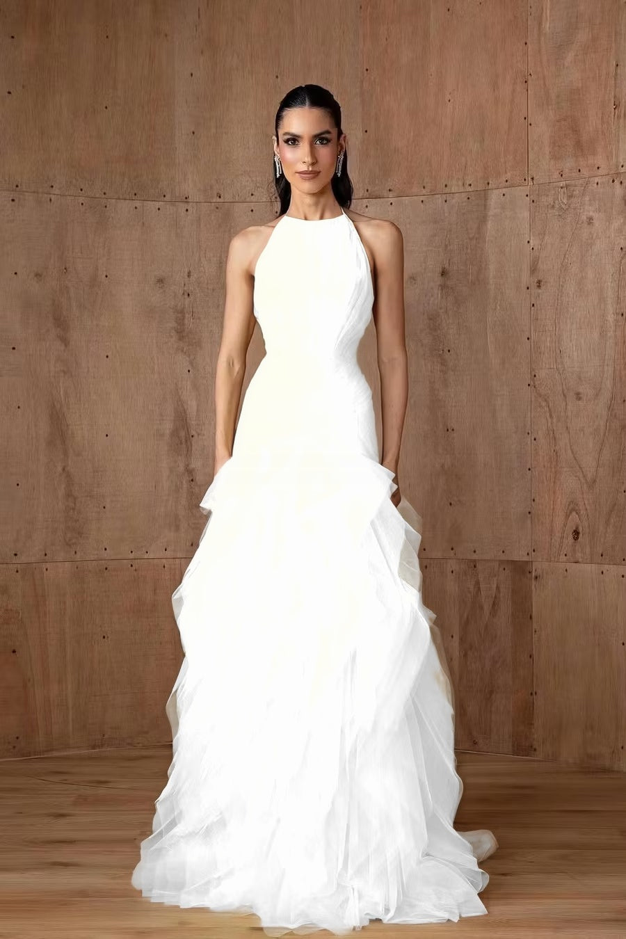 Cocoslly Halter Sleeveless High Waist Long Prom Dress With Ruffles | Daffodil Tulle YC0478
