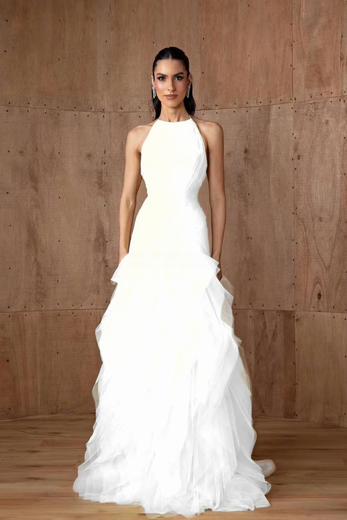 Cocoslly Halter Sleeveless High Waist Long Prom Dress With Ruffles | Daffodil Tulle YC0478