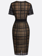 Black Organza Plaid Classic V Neck Short Sleeve Sheath Midi Dress