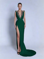 Halter V-Neck Wide Shoulder Straps Sleeveless Long Mermaid Prom Dress With Beadings And Split YK0734