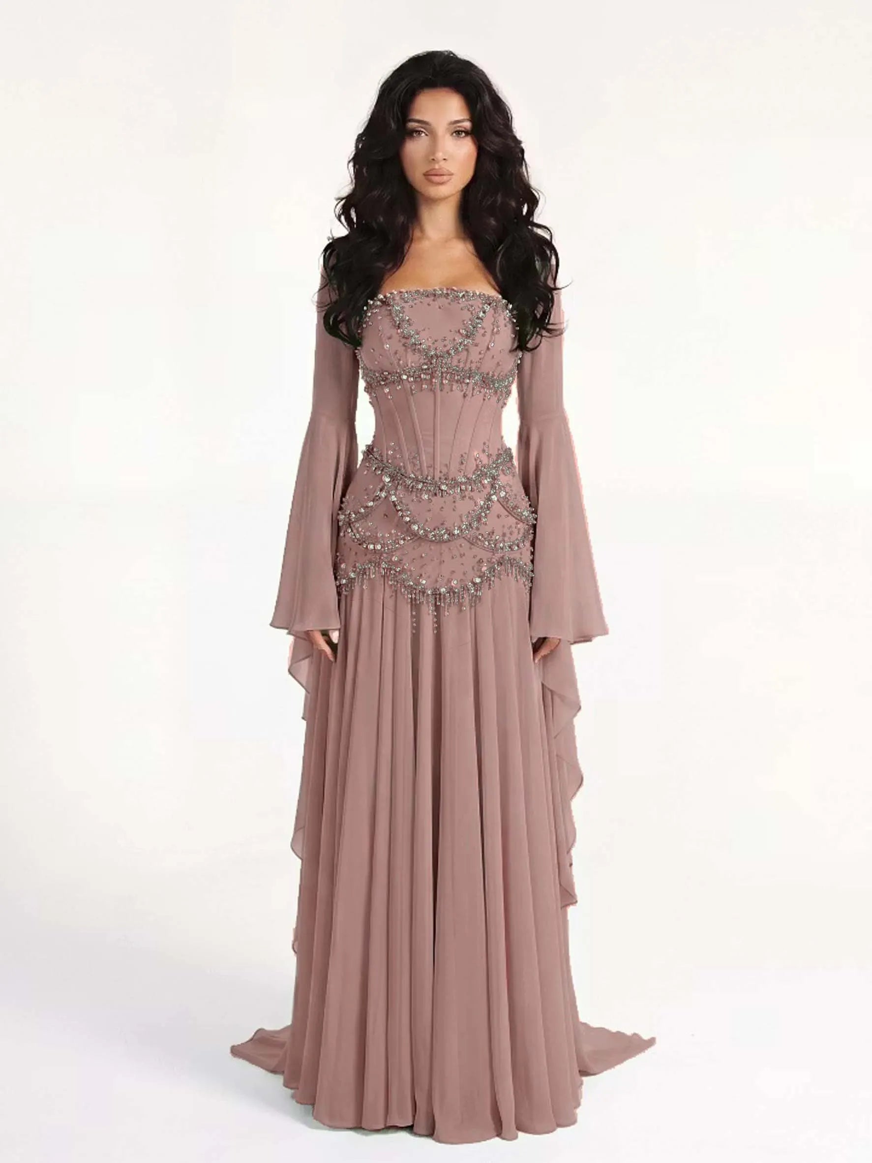 Cocoslly Strapless Sleeveless High Waist Long Prom Dress With Rhinstone | Dusty Sage Chiffon LX0090