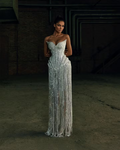 Cocoslly Strapless Sleeveless High Waist Long Prom Dress | Silver White Beading Pearls YK1253