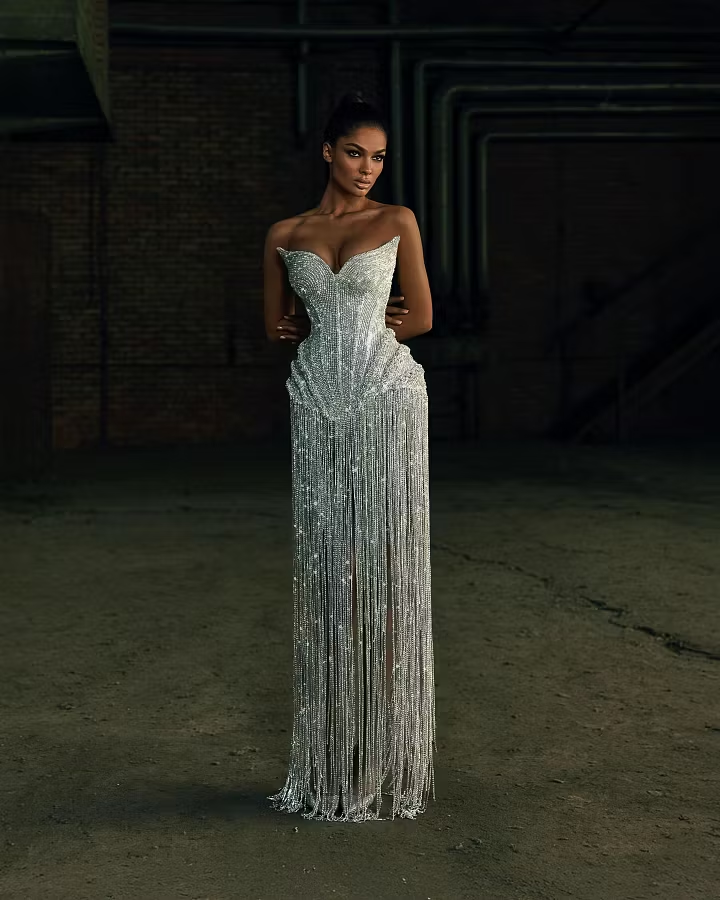 Cocoslly Strapless Sleeveless High Waist Long Prom Dress | Silver White Beading Pearls YK1253