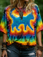 Women's Hippie Abstract Cat Tie-dye Rainbow Pattern Casual T-shirt