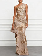 Champagne Jacquard Sequin One Shoulder Sleeveless Mermaid Floor-length Gown Dress