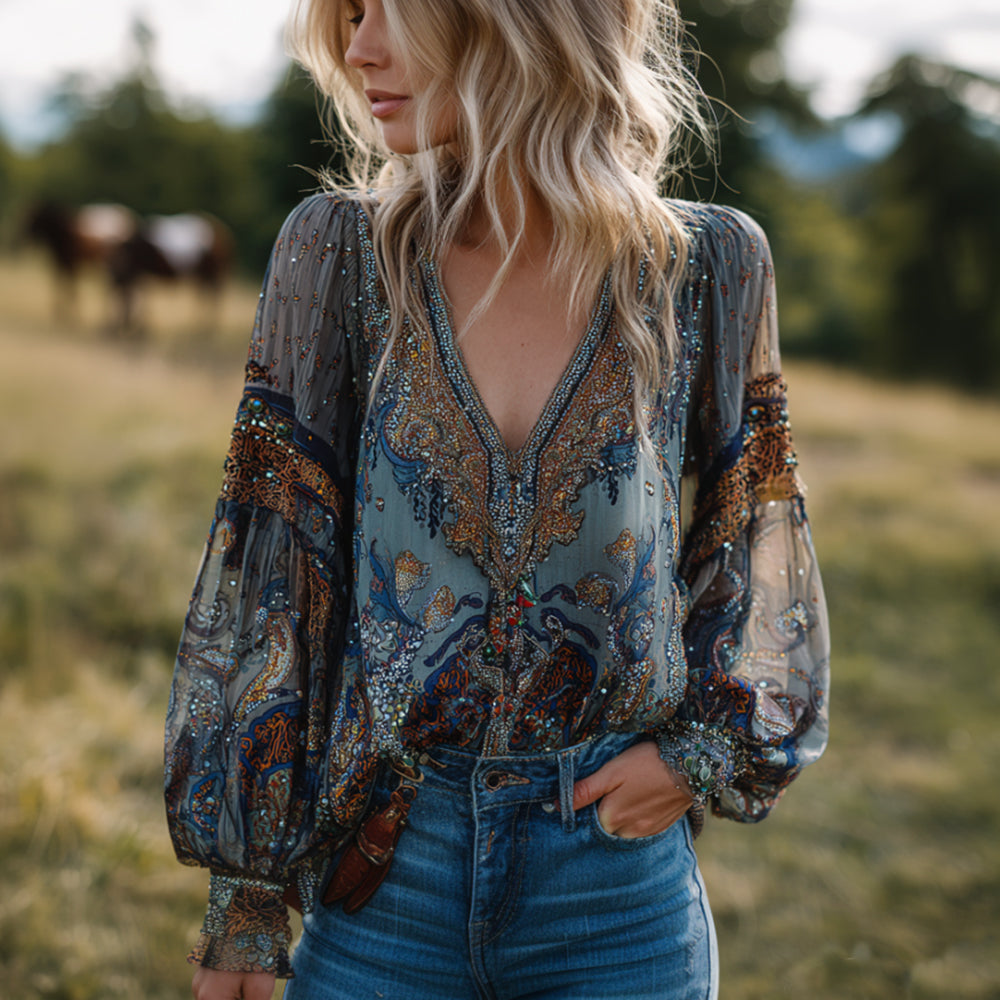 Women's Vintage Paisley Cotton Linen V-neck Long Sleeve Top