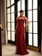 Cocoslly Spaghetti Straps Sleeveless High Waist Long Prom Dress With Rhinstone And Beading Pearls | Nude Sequins LX0091