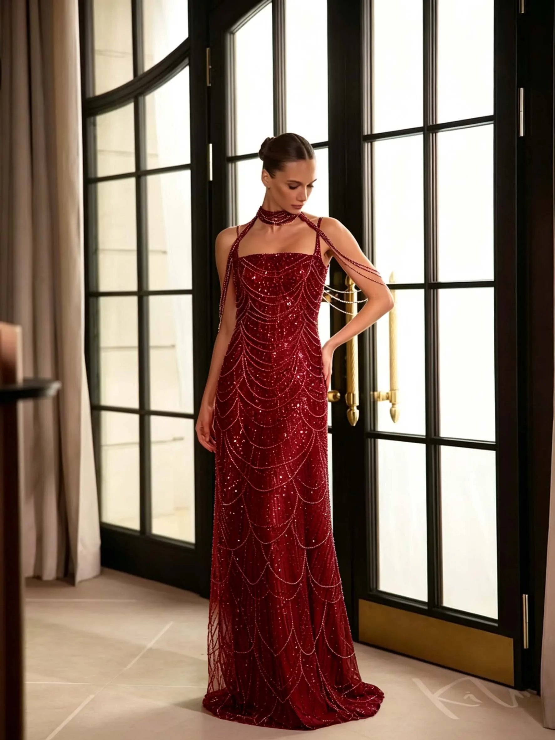 Cocoslly Spaghetti Straps Sleeveless High Waist Long Prom Dress With Rhinstone And Beading Pearls | Nude Sequins LX0091