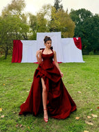 Satin Halter Neck Strapless Sleeveless Long A-Line Prom Dress With Pleated And Split YK0728