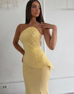 Cocoslly Strapless Sleeveless High Waist Long Mermaid Prom Dress With Appliques | Daffodil Satin LX0089