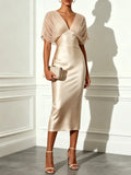 Champagne Ruched Satin V Neck Short Sleeve Raglan Sleeves Sheath Midi Dress