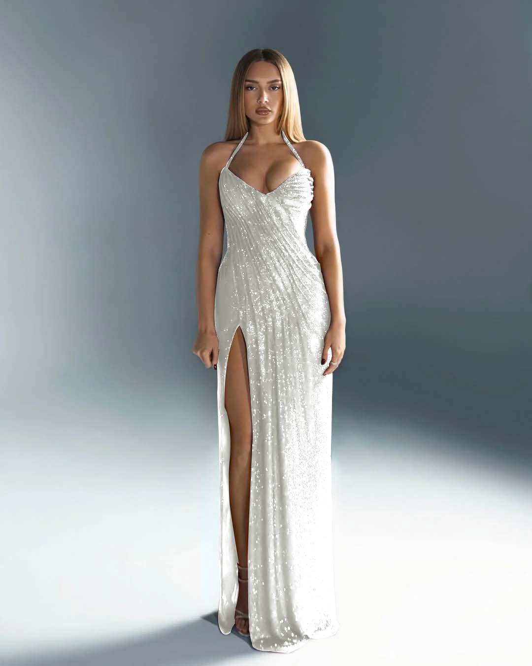 Halter V-Neck Strapless Sleeveless Long Mermaid Prom Dress With Split And Pleated YK0670