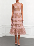 Black Mesh Lace Jacquard Boat Neck Sleeveless A-Line Midi Dress