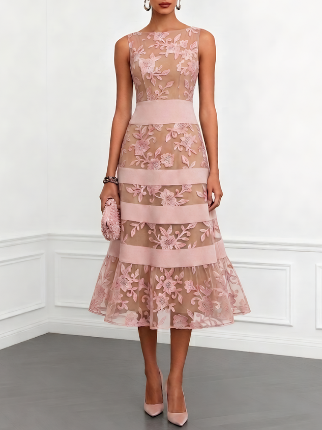 Black Mesh Lace Jacquard Boat Neck Sleeveless A-Line Midi Dress