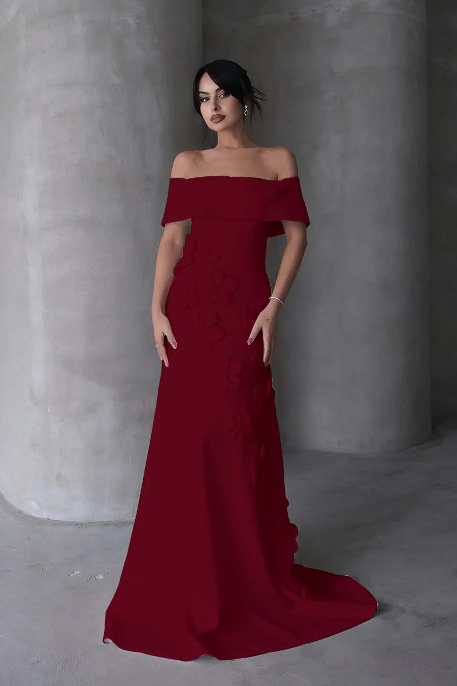 Cocoslly Off-The-Shoulder Strapless Sleeveless Long Mermaid Prom Dress With Flowers Appliqués | Red Satin ZA0194