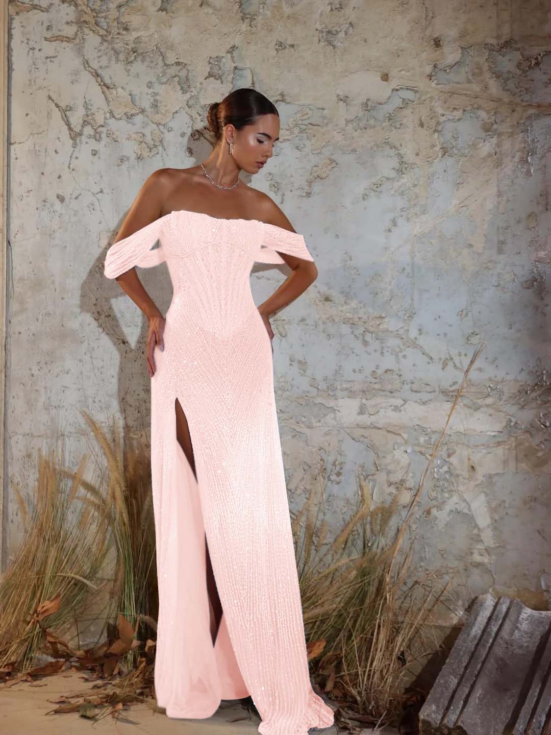 Off-The-Shoulder Strapless Sleeveless Long Mermaid Prom Dress With Sequins And High Split YK0711