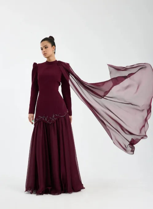 Cocoslly High Neck Long Sleeves High Waist Long Prom Dress With Rhinstone | Cabemet Chiffon LR0407