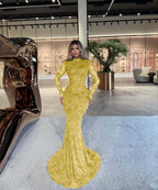 High Neck Long Sleeves Long Mermaid Prom Dress With Beading Pleated YK0512