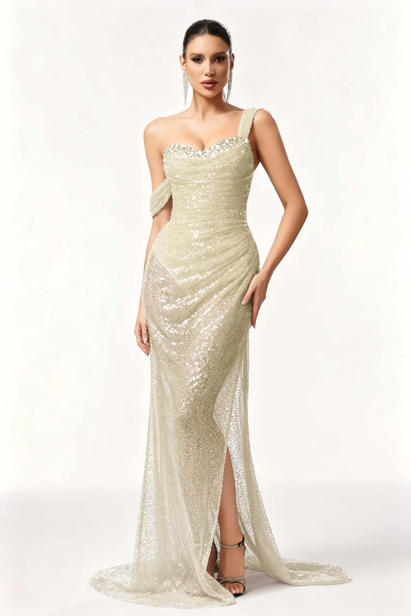 Cocoslly One Shoulder Sleeveless High Waist Long Prom Dress With Split And Rhinstone | Black Sequins JZ0056