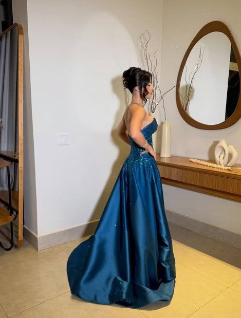 Cocoslly Strapless Sleeveless High Waist Long Prom Dress With Sequins | Royal Blue Satin LR0331