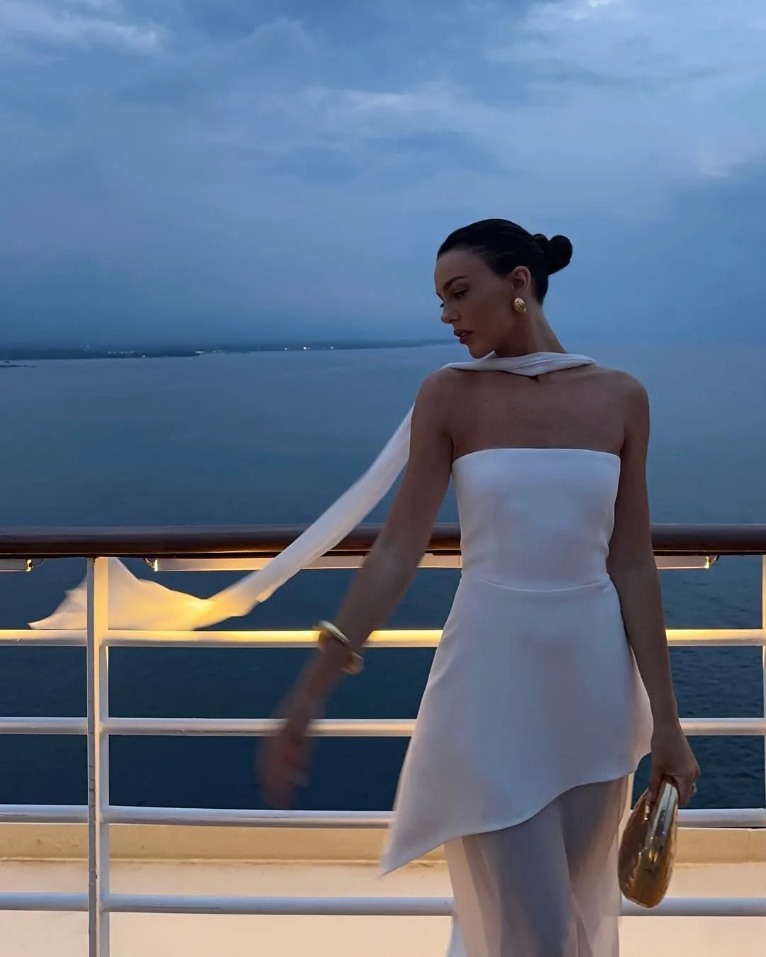 Cocoslly Strapless Split Holiday Summer Long Prom Dress With Scarf | White Satin And Chiffon ZT0604