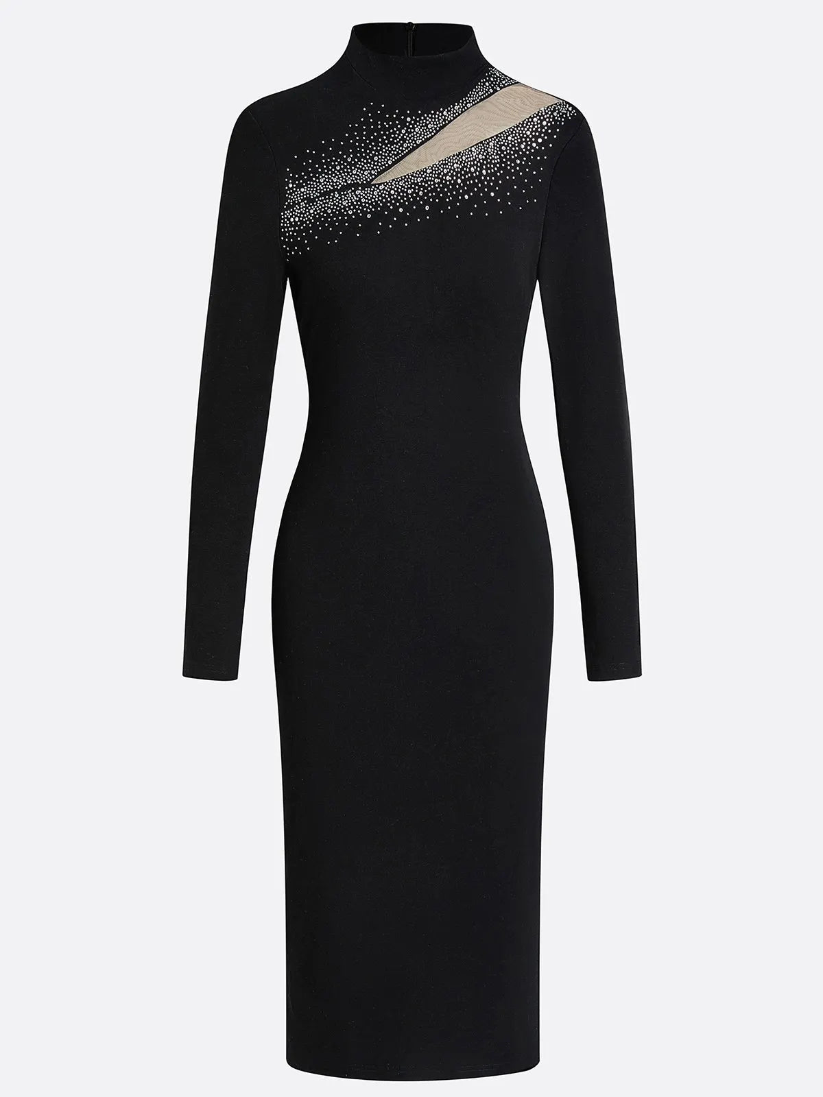 Black Rhinestone Cut Out Knit Mock Neck Long Sleeve Sheath Midi Dress