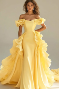 Off the Shoulder Sleeveless Long Mermaid Prom Dress With Ruffles JQ0149