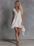 Elegant Vintage Western Lace V-neck Front-button White Cotton Mini Dress