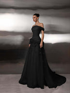 Cocoslly Off-The-Shoulder Strapless Sleeveless Long Pleated A-Line Prom Dress With Flower Appliqués | Light Blue Tulle ZA0285