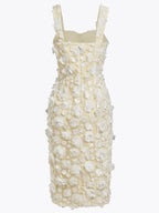 White 3D Floral Classic Square Neck Sleeveless Sheath Midi Dress