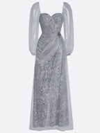 Silver Gray Buckle Sequin Sweetheart Neckline Long Sleeve Sheath Maxi Dress