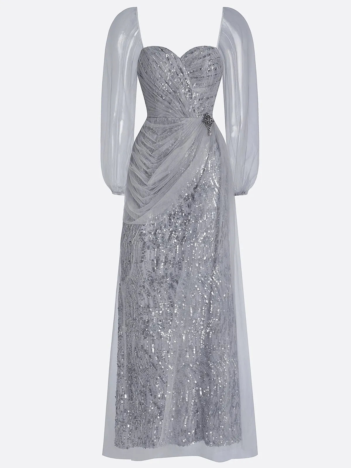 Silver Gray Buckle Sequin Sweetheart Neckline Long Sleeve Sheath Maxi Dress