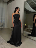 Satin Strapless Sleeveless Long Pleated Mermaid Prom Dress With Flowers And Sequins YK0636