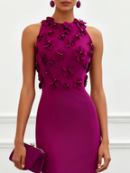 Purple 3D Floral Classic Crew Neck Sleeveless Mermaid Floor-length Gown Dress