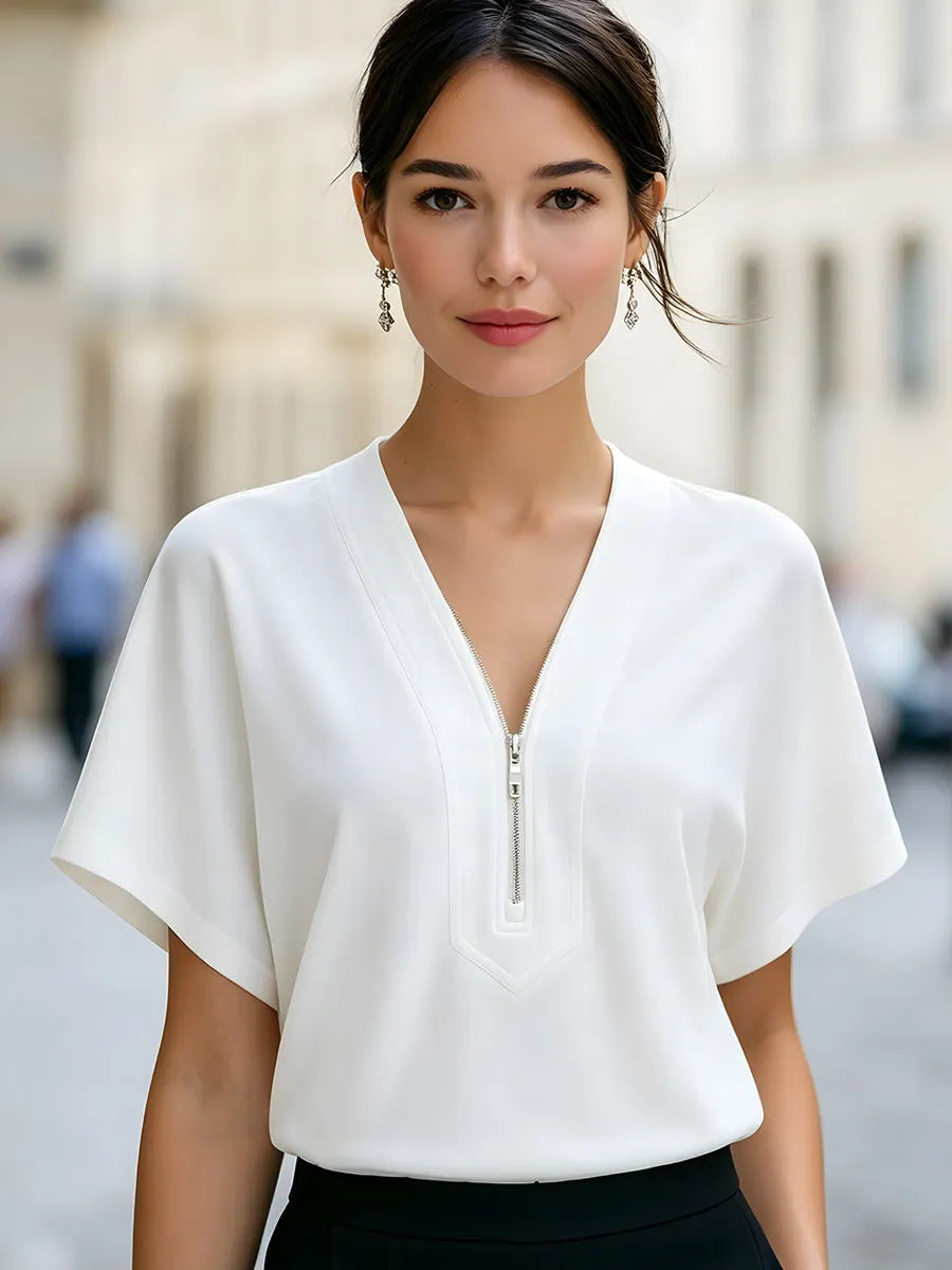 Minimalist V-Neck Zip-Front Short Sleeve Blouse