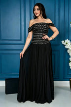 Cocoslly Off-The-Shoulder Sleeveless High Waist Long Prom Dress With Rhinstone | Champage Chiffon LR0566