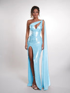 Cocoslly One Shoulder Sleeveless High Waist Long Prom Dress With Deep Split | Nude Sequins JZ0150