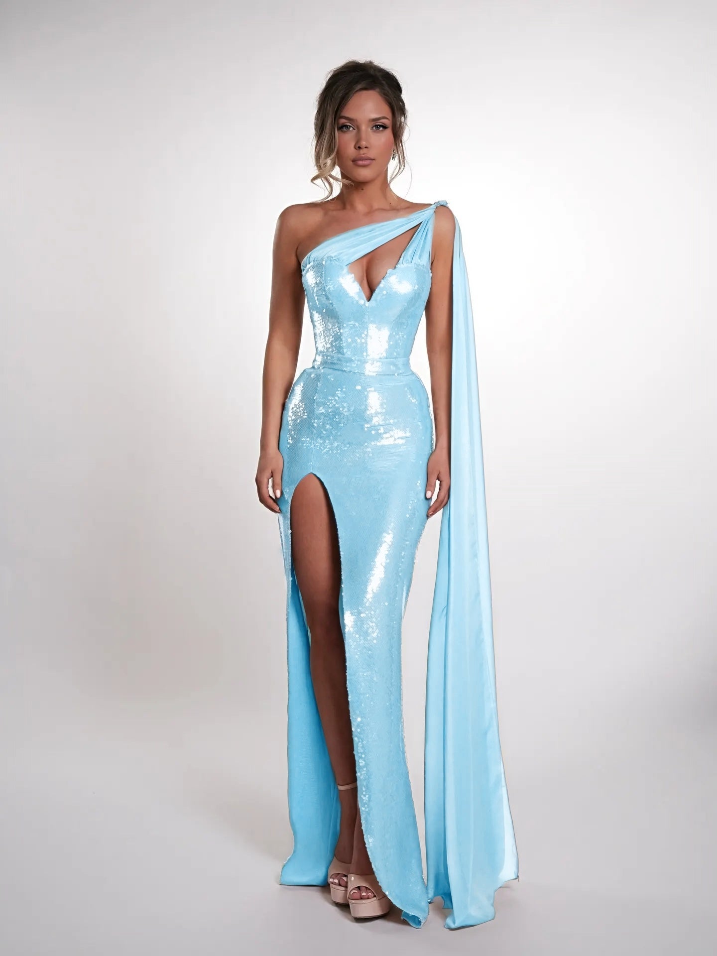 Cocoslly One Shoulder Sleeveless High Waist Long Prom Dress With Deep Split | Nude Sequins JZ0150