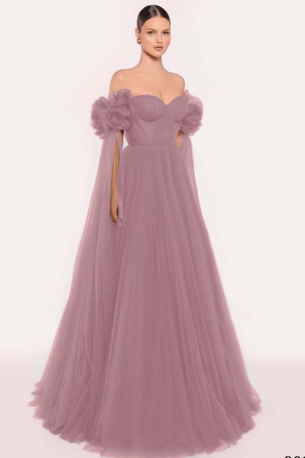 Tulle Off the Shoulder Sweetheart Long Prom Dress With Pleated WQ0206