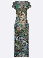 Green Glitter Slit Sequin Boat Neck Short Sleeve Sheath Maxi Dress