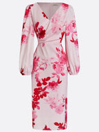 Pink Floral Satin V Neck Long Sleeve Balloon Sleeve Sheath Midi Dress
