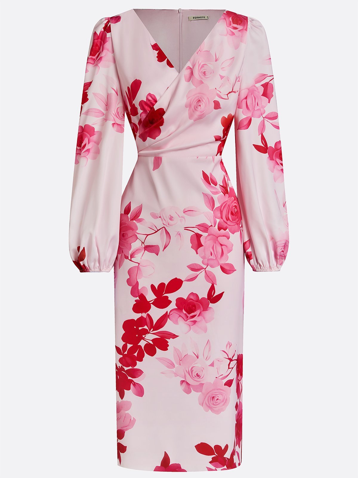 Pink Floral Satin V Neck Long Sleeve Balloon Sleeve Sheath Midi Dress