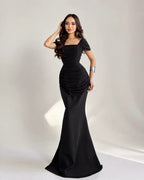Cocoslly Square Neck Sleeveless High Waist Long Mermaid Prom Dress With Pleated | Burgundy Satin DB0128