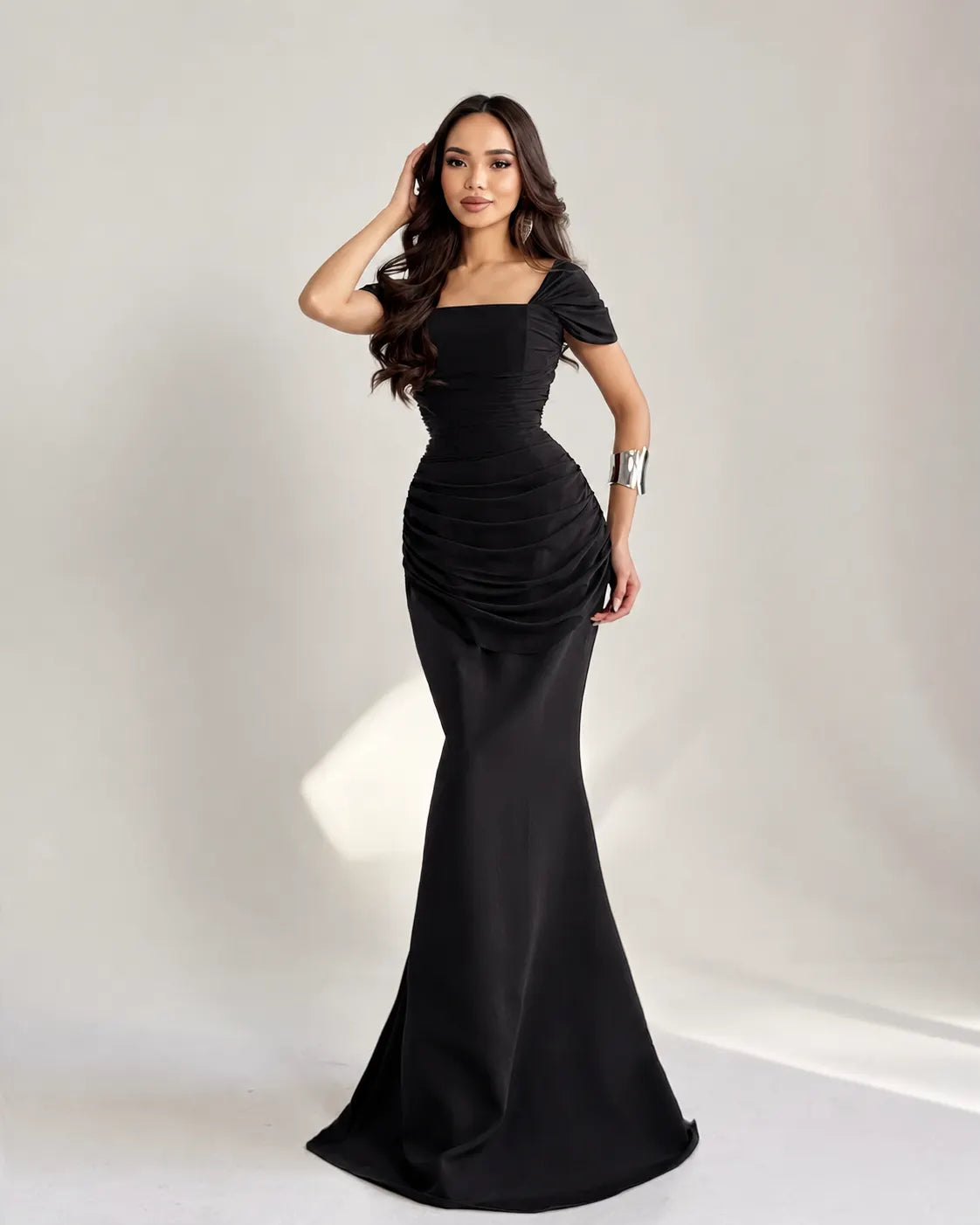 Cocoslly Square Neck Sleeveless High Waist Long Mermaid Prom Dress With Pleated | Burgundy Satin DB0128