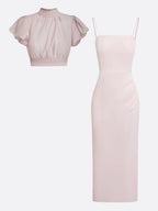 Women Pink Mock Neck Short Sleeve Dressy Dress With Top Two-Piece Set